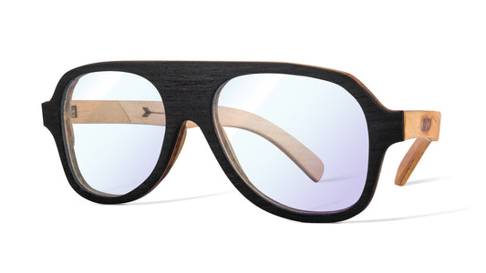 Lentes de madera para computadora, protección luz azul, vista lateral, armazón para micas graduadas, fondo blanco